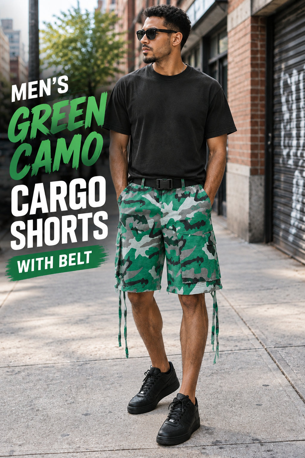 Men's Green Camo Cargo Shorts with Belt