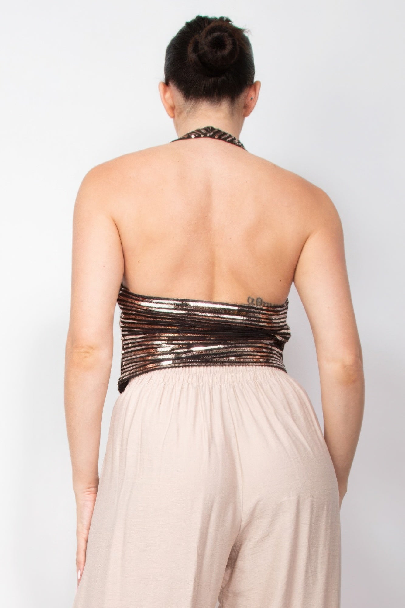 “Women’s Casual:  Striped sequins high waist shorts/ Surplice Halter Sequin Top”