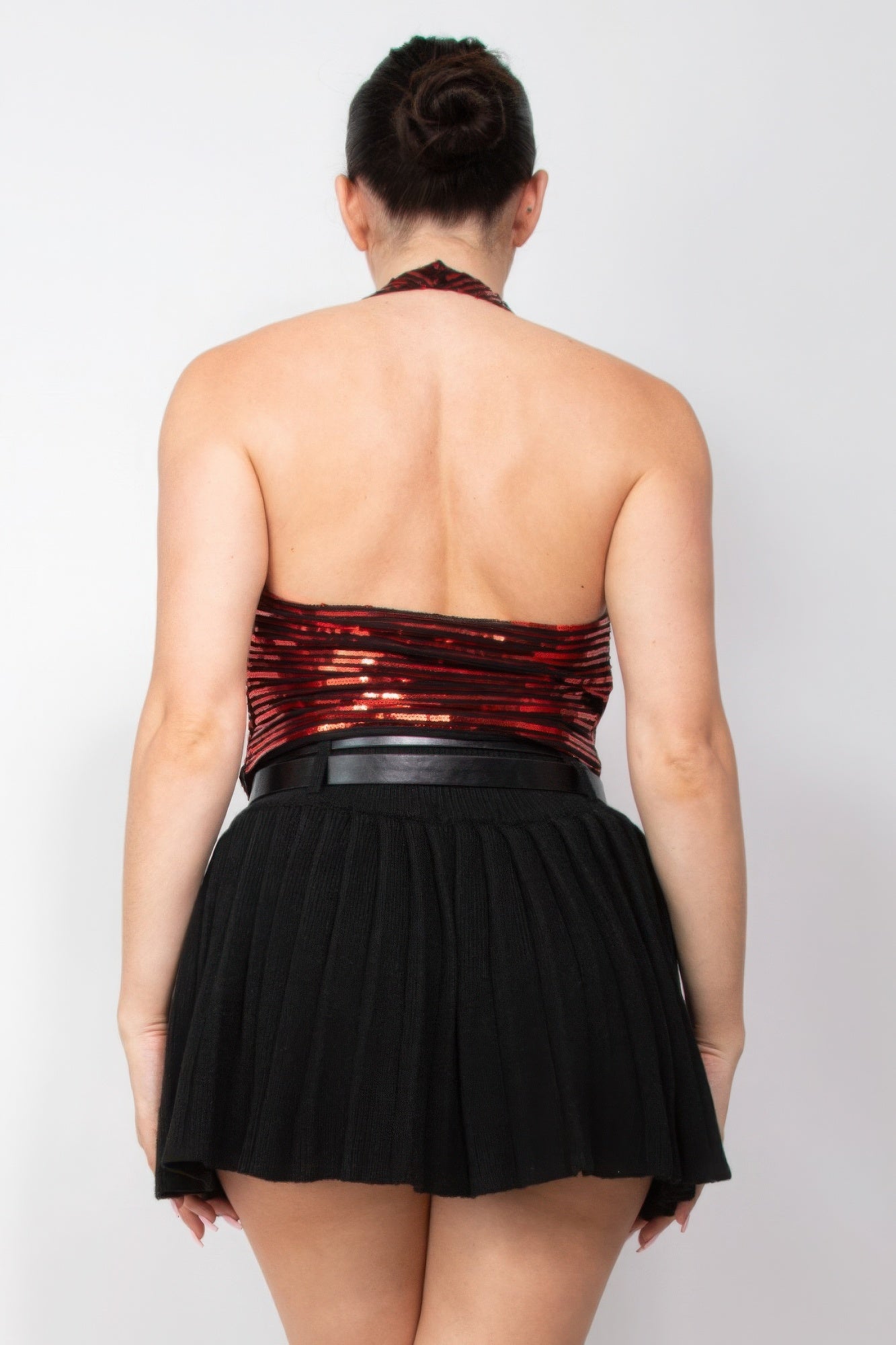 “Women’s Casual:  Striped sequins high waist shorts/ Surplice Halter Sequin Top”