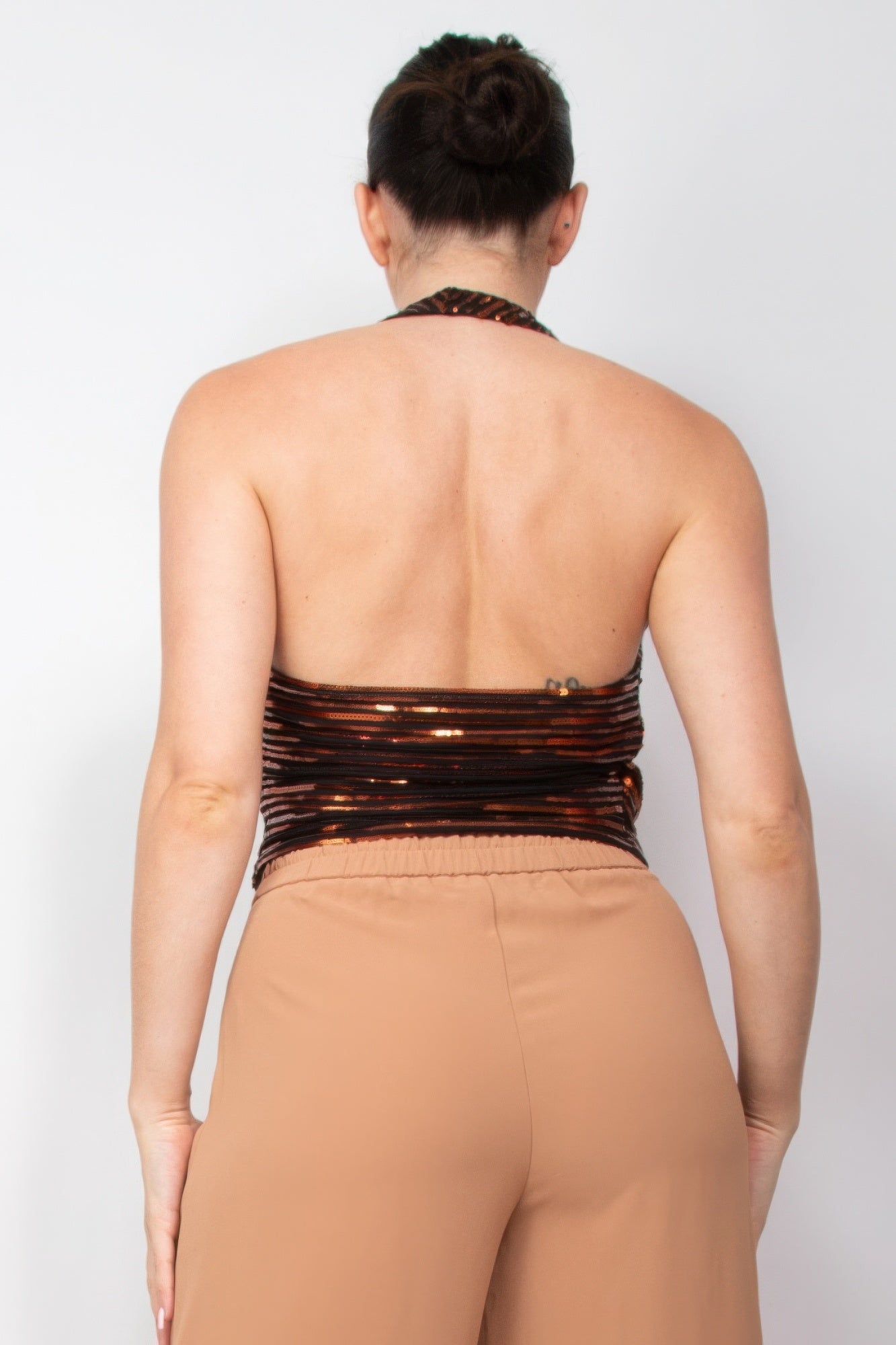 “Women’s Casual:  Striped sequins high waist shorts/ Surplice Halter Sequin Top”