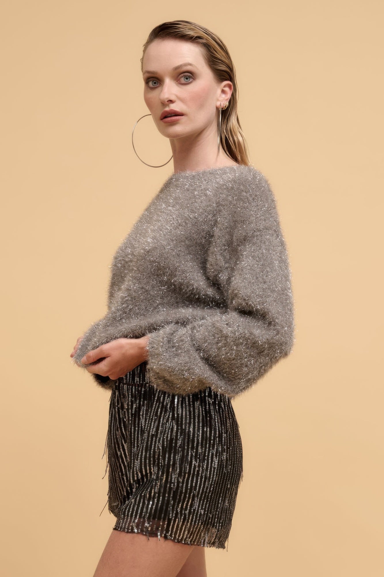 “Women’s Casual:  Striped sequins high waist shorts/ Surplice Halter Sequin Top”