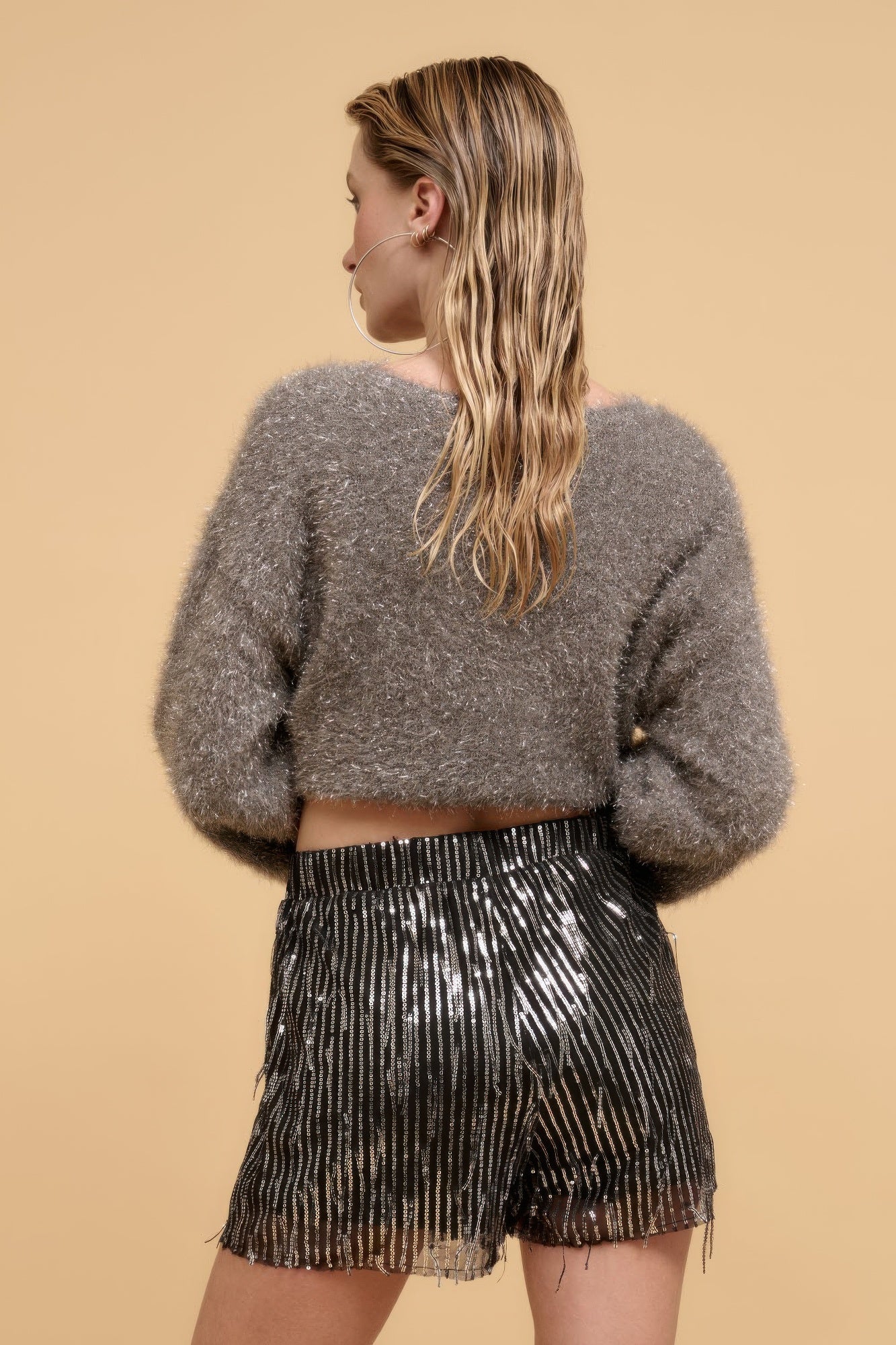 “Women’s Casual:  Striped sequins high waist shorts/ Surplice Halter Sequin Top”