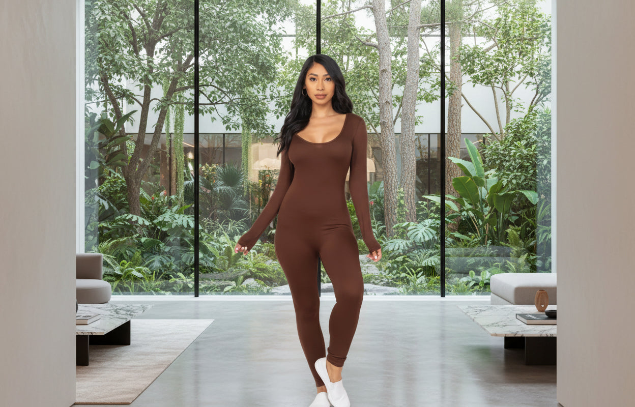 Scoop Neck Long Sleeve Bodycon Jumpsuit