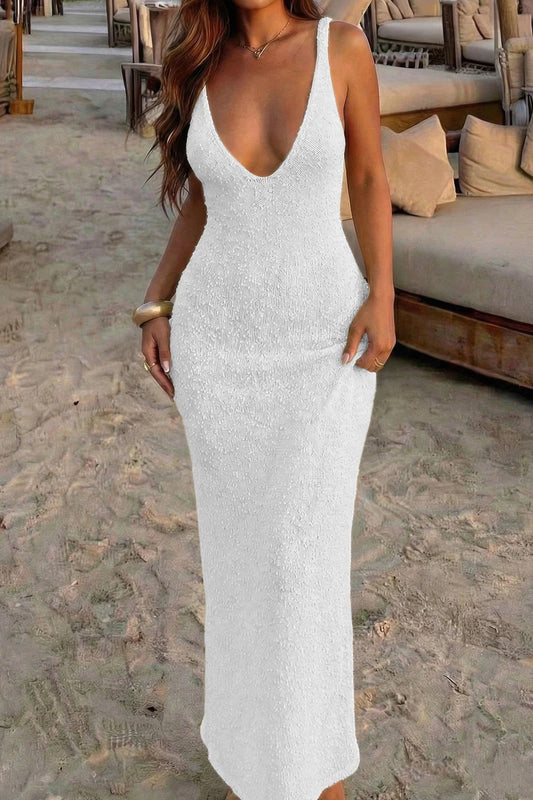 Women's Maxi Dresses / Solid V Neck Halter Cross Back Maxi Dress by Super Fluffy Clothing Store