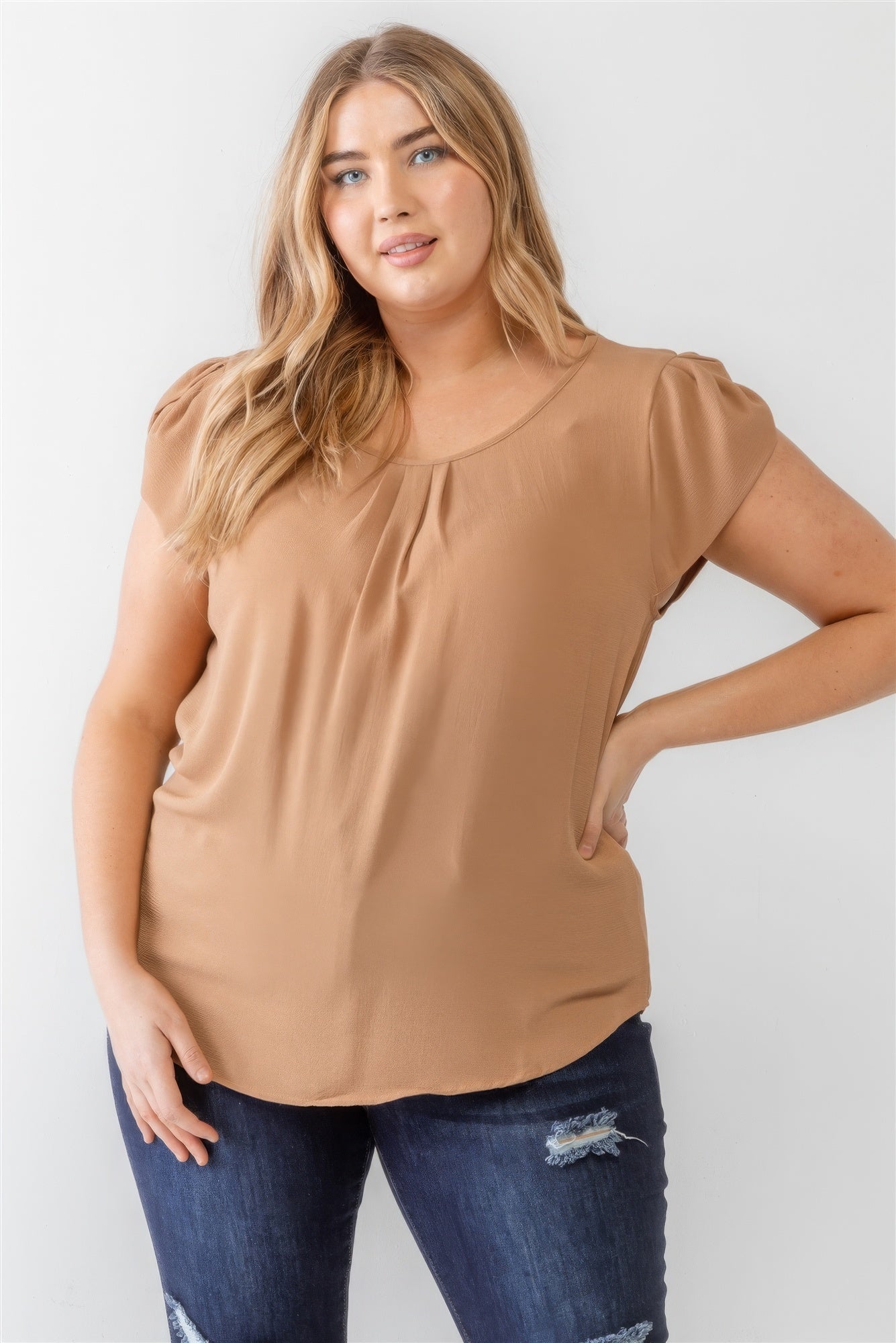 "Women's Clothing / Plus size Koshibo Textured Cap Sleeve Top"