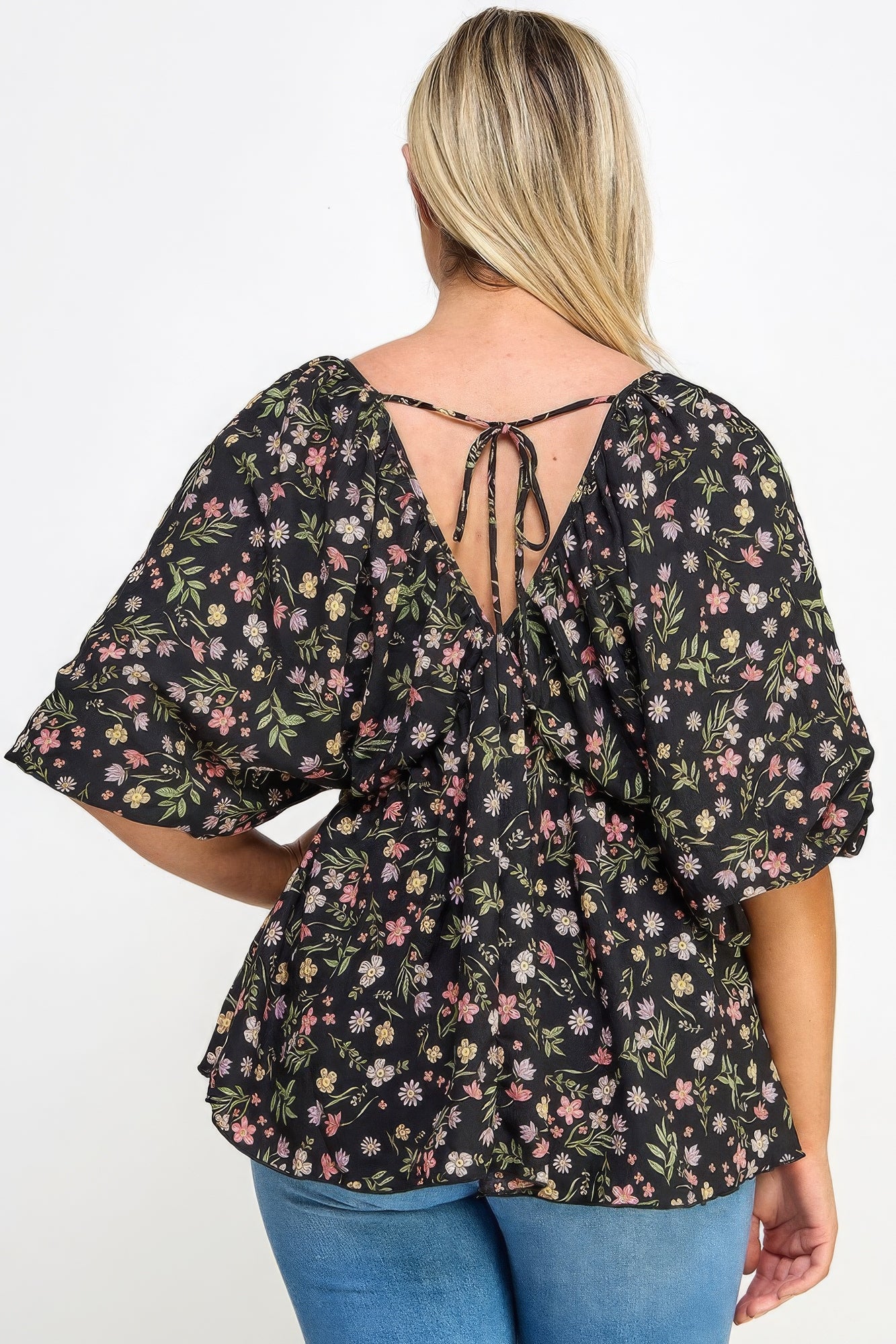 Floral V-neck Babydoll Balloon Slv Top