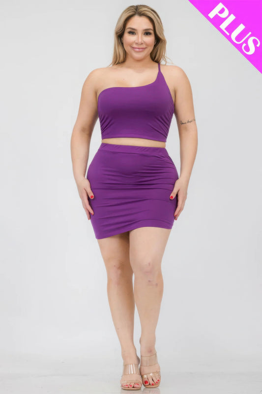 Plus Size One Shoulder Ruched Crop Top & Mini Skirt Set