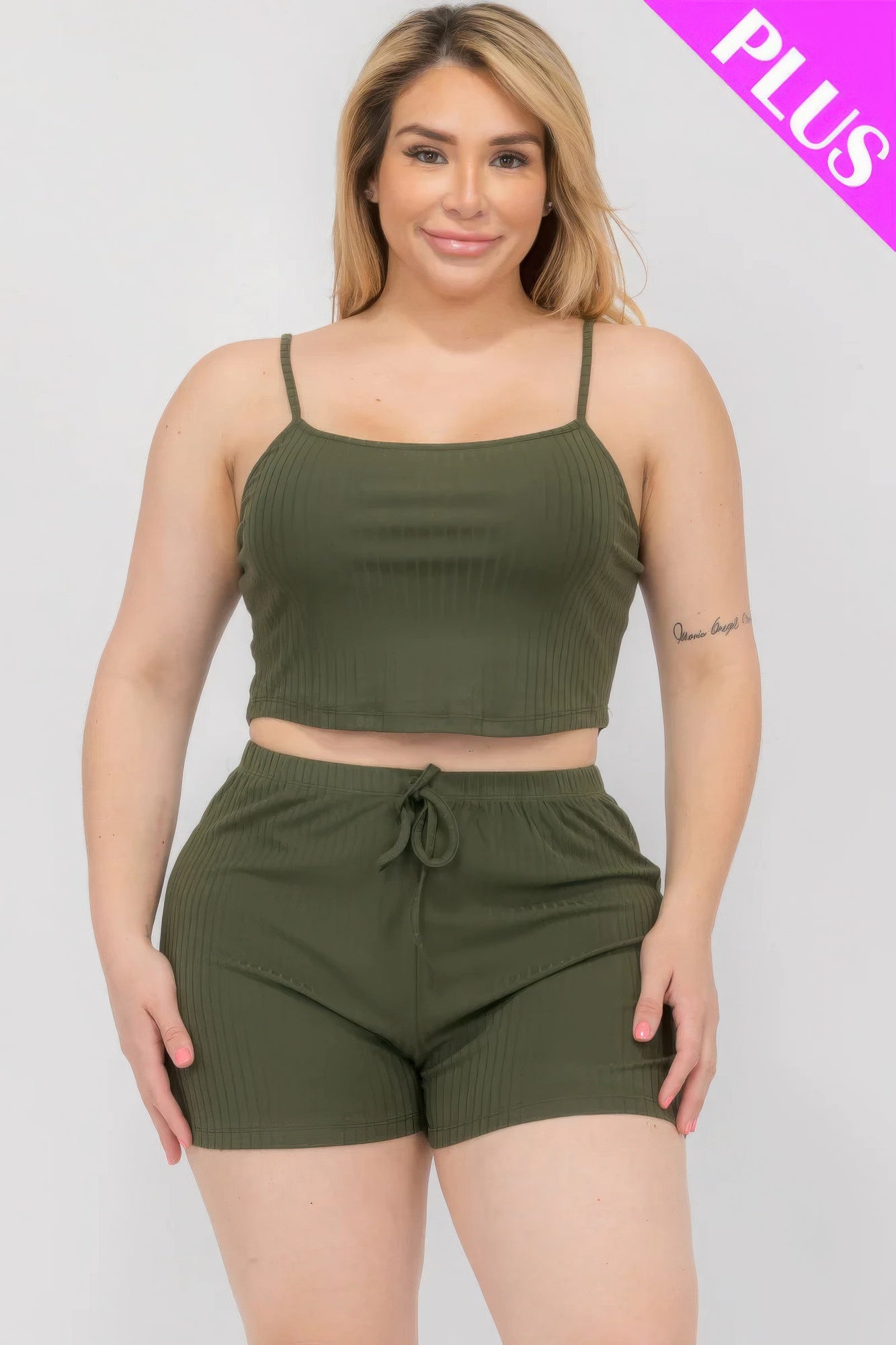 Plus Size Solid Ribbed Cami Top And Shorts Set