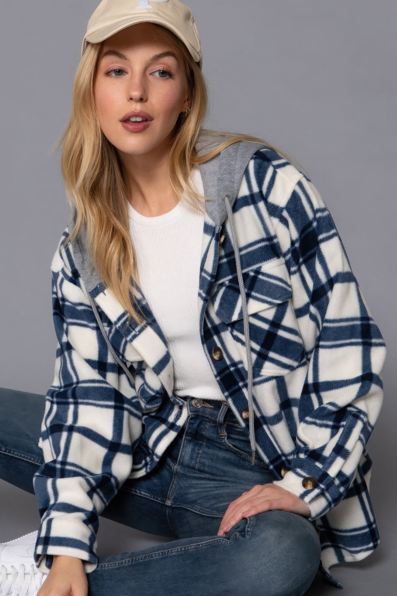 Plaid Print Hoodie Fleece Jacket