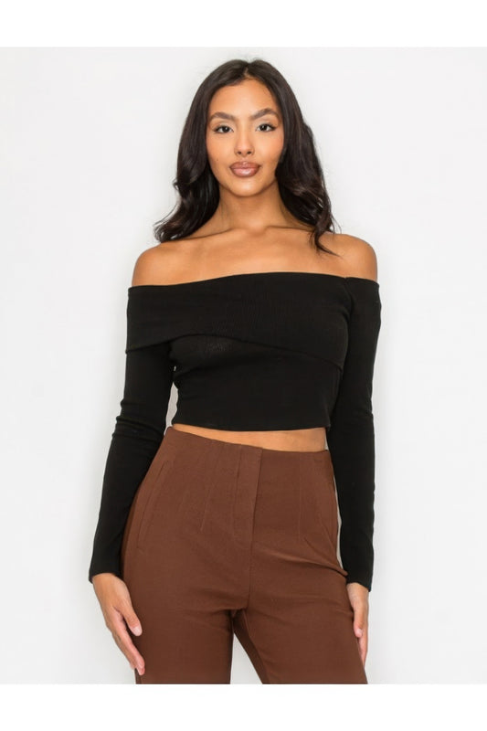 Bardot ribbed long sleeve crop top