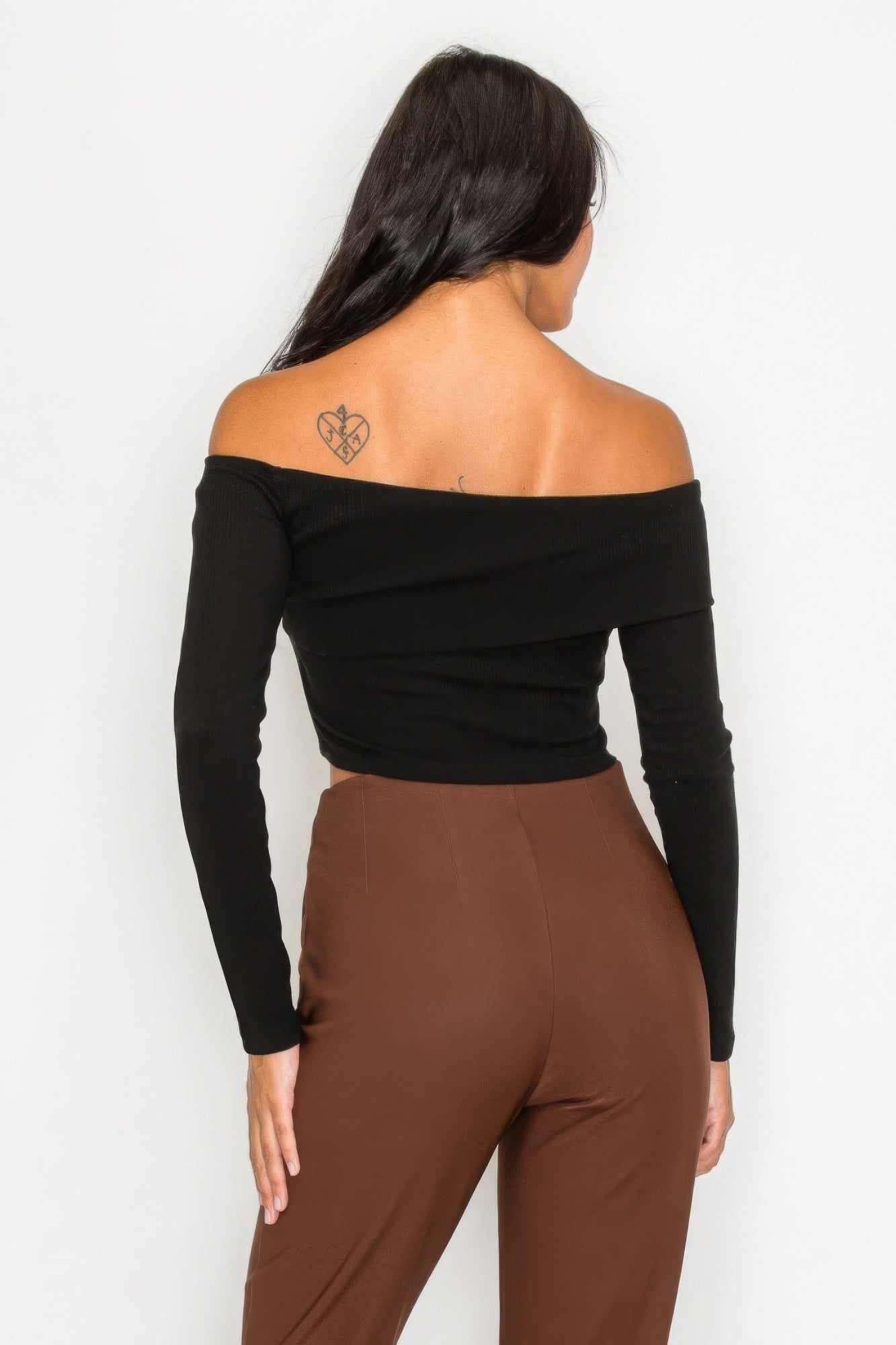 Bardot ribbed long sleeve crop top