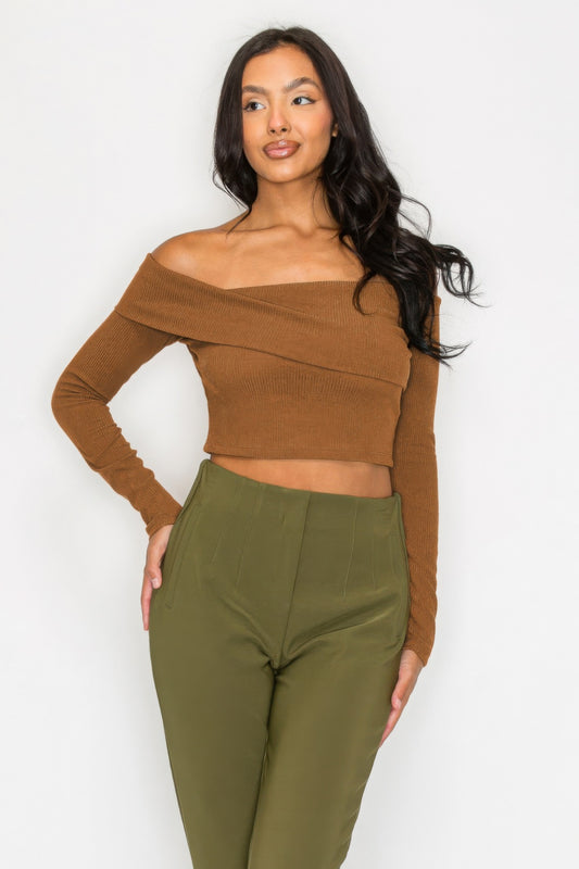 Bardot ribbed long sleeve crop top