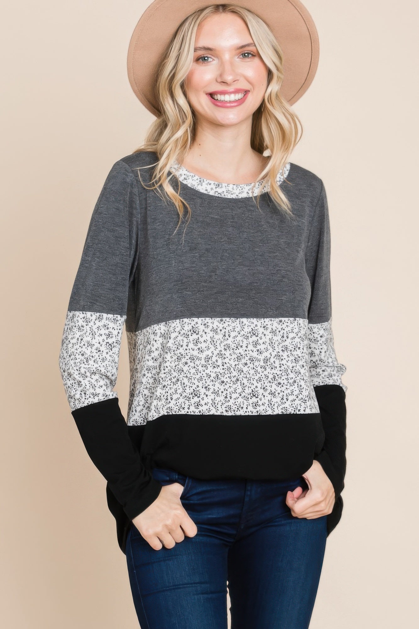 Colorblock Floral Contrast Long Sleeve Top