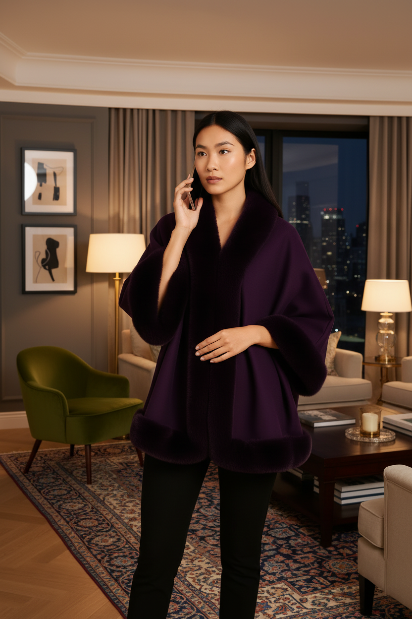 Faux Fur Trim Open-front Cape Jacket