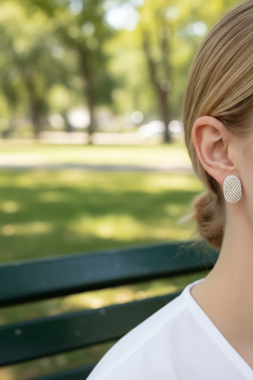 A close-up side profile of a woman wearing a textured, oval-shaped silver stud earring with sparkling clear stones, set against a blurred green park background with a bench.