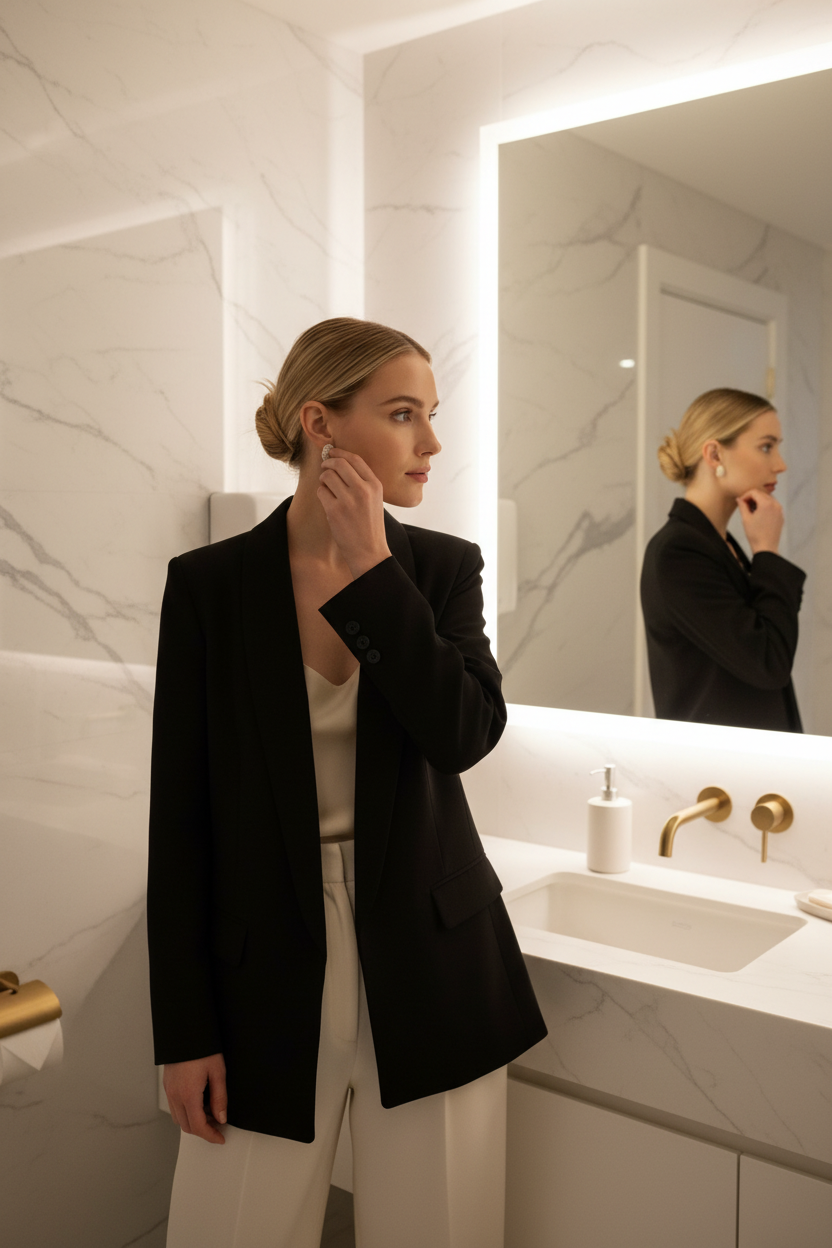 A woman in a black blazer and cream trousers stands in a modern bathroom with marble walls and a mirror, adjusting her earring. Her reflection is visible in the mirror.