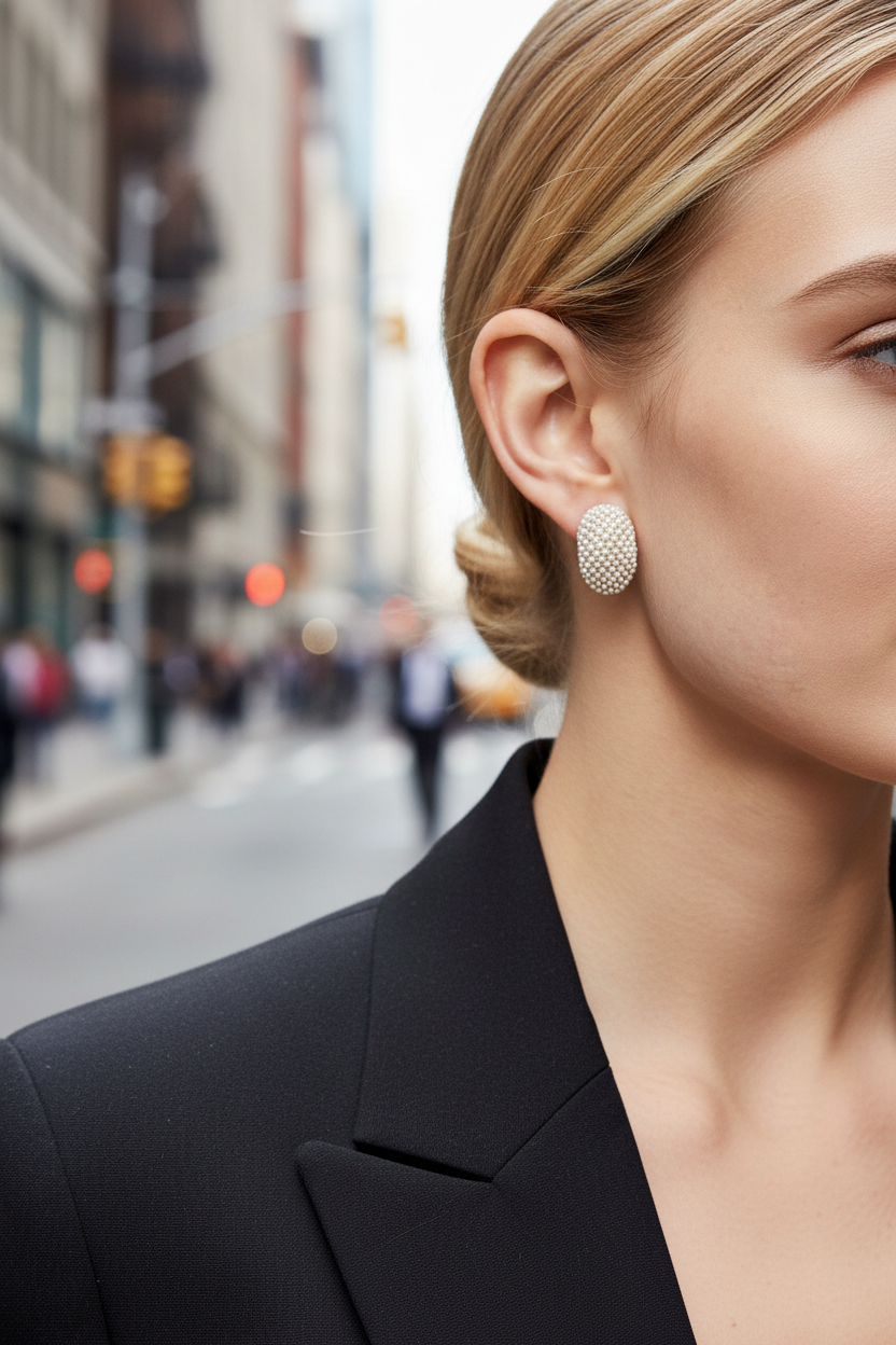 A close-up lifestyle shot of a woman wearing a textured, dome-shaped silver stud earring, dressed in a black blazer against a blurred city street background.