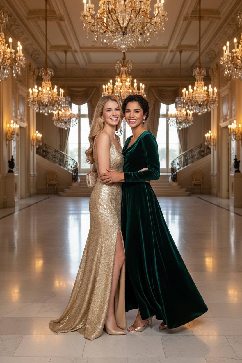Two women posing together in an elegant, opulent hall with massive crystal chandeliers and grand staircases. The woman on the left wears a floor-length champagne gold sequined gown with a thigh-high slit, while the woman on the right wears a floor-length emerald green velvet gown with long sleeves.