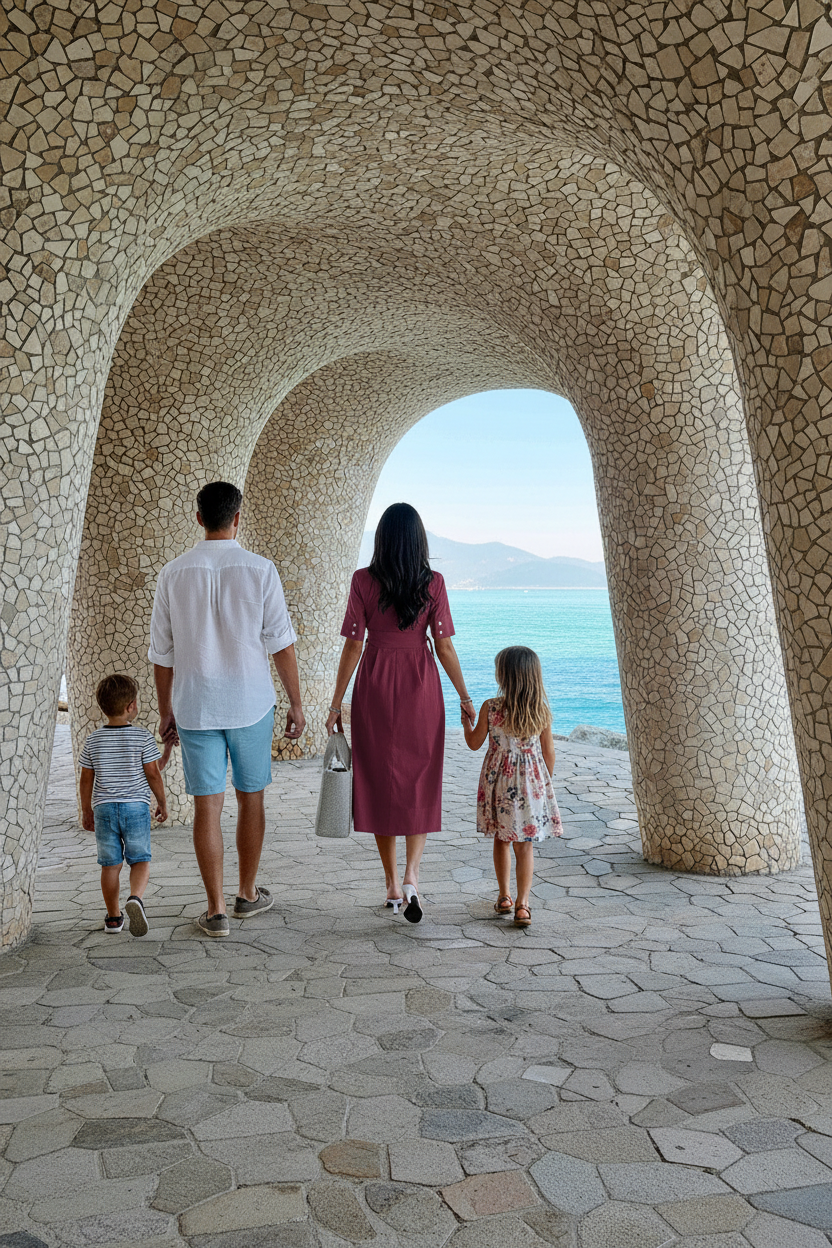 A family of four walks away through a stone archway toward the sea. The mother wears a dusty rose pink dress, the father a white shirt and blue shorts, and the two children wear light-colored dresses and shorts.