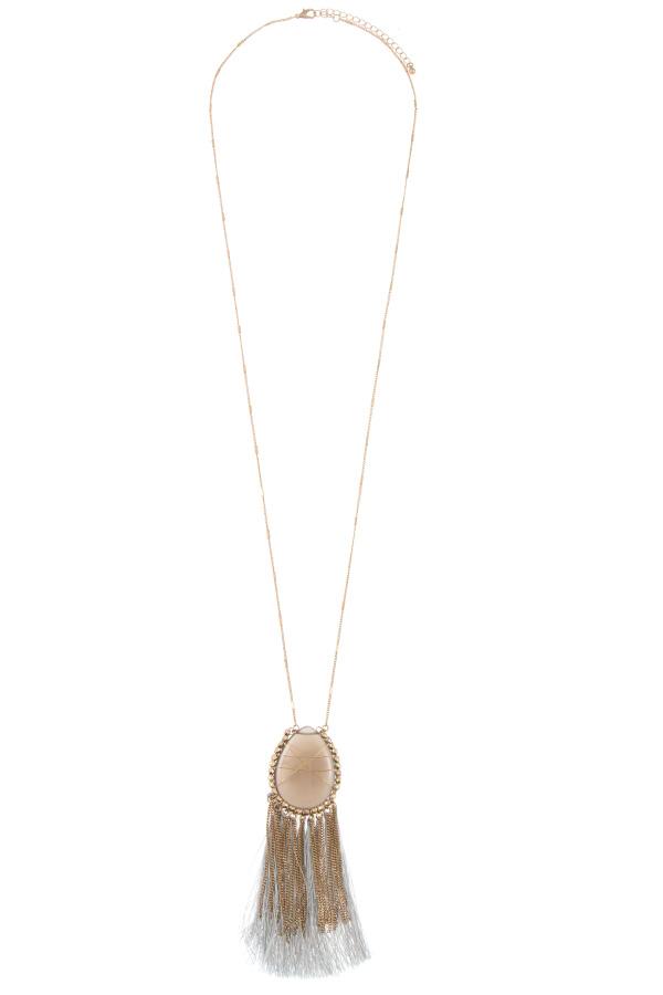 Elognated wrapped gem tassel pendant necklace