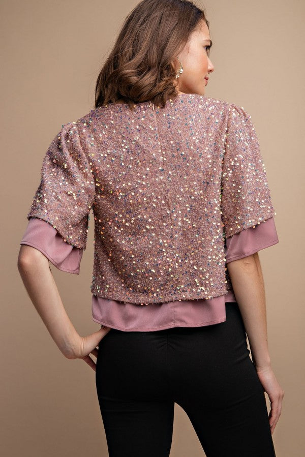 Sequined Short Sleeve Top With Back Zipper