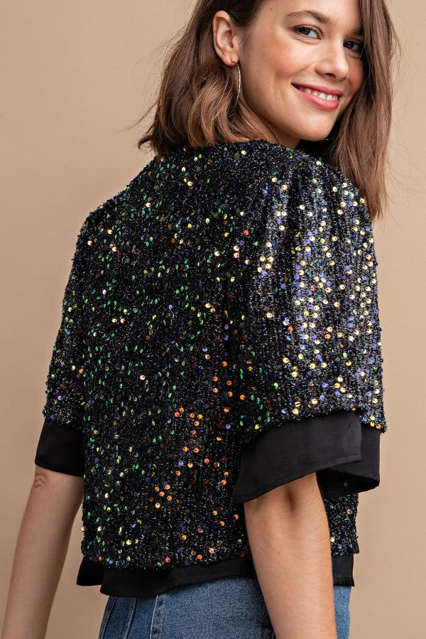 Sequined Short Sleeve Top With Back Zipper