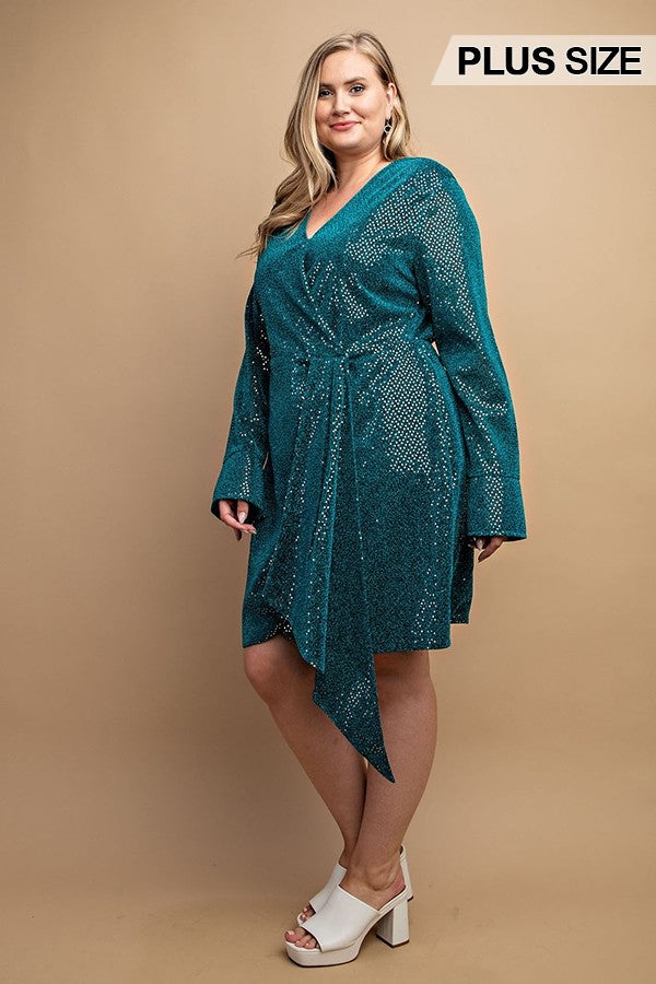 Metallic Wrap Dress With Split Cuff And Snap Buttons