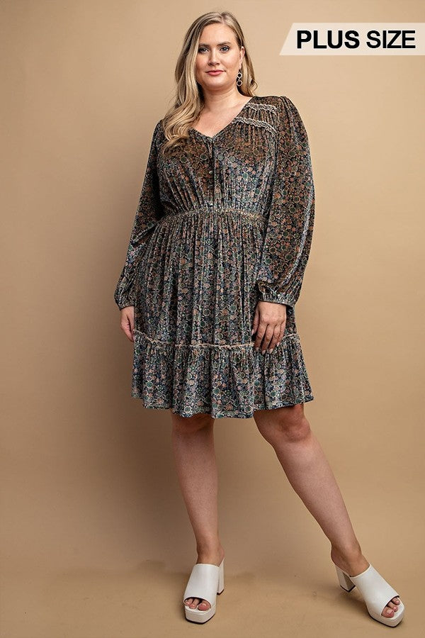 Printed Velvet V-neck Dress With Button Front Detail